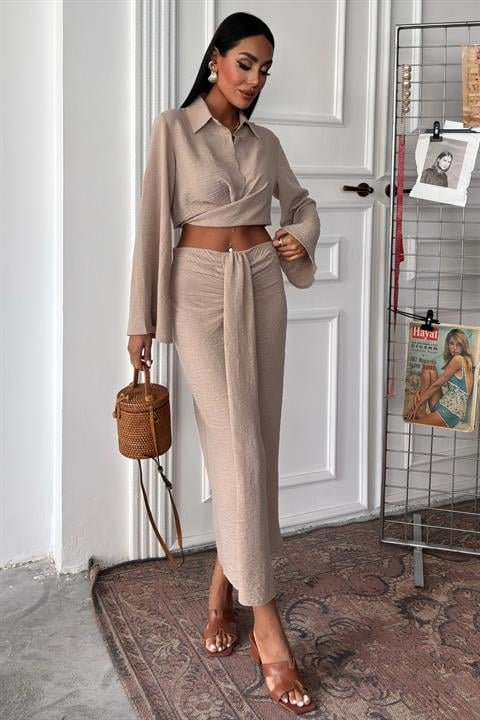 Crop Gömlekli Ve Eteği Büzgülü Tasarım Takım 10195