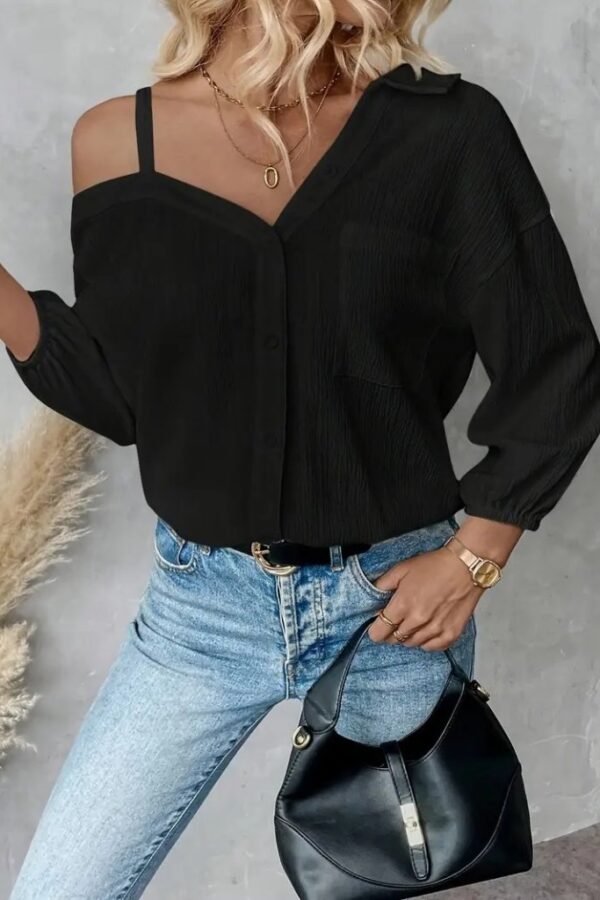 Kadın Tek Omuzdan Açık Askılı Uzun Kollu Yakalı önden Düğmeli Gömlek