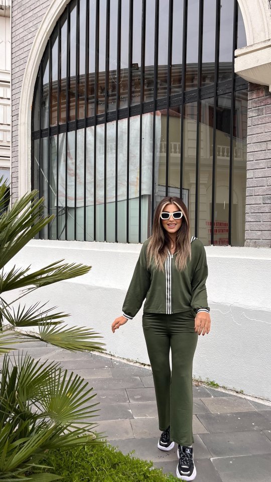 Kadın Uzun Kollu Kapşonlu önü Fermuarlı şerit Detay Viskon Iki Iplik Alt üst Ikili Takım - Görsel 8