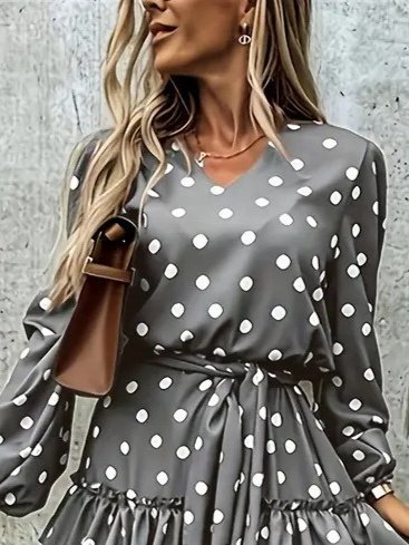 Kadın Uzun Kollu V Yakalı Belden Kuşaklı Puantiyeli Mini Modal Elbise - Görsel 11