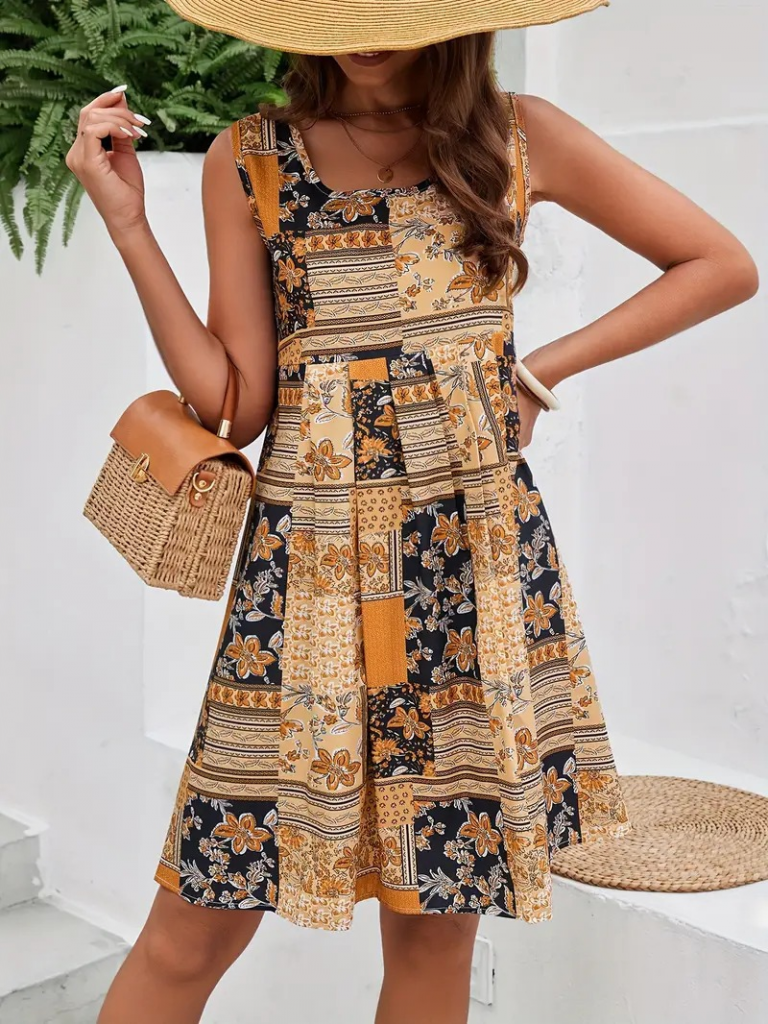 Kadın Sıfır Kol Yuvarlak Yaka çiçek Desenli Süprem Elbise - Görsel 15