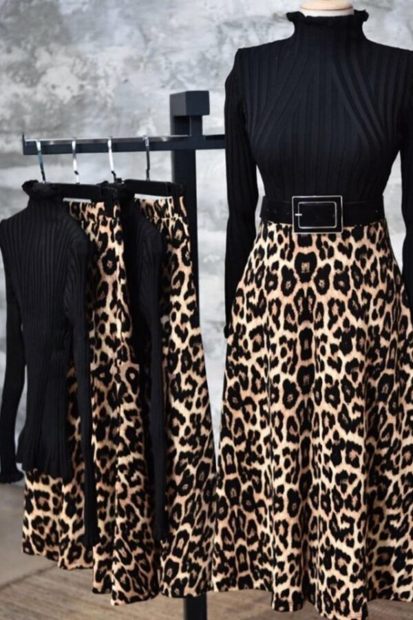 Kadın Beli Lastikli Leopar Desenli Krep Kumaş Efsane Etek Kemersiz