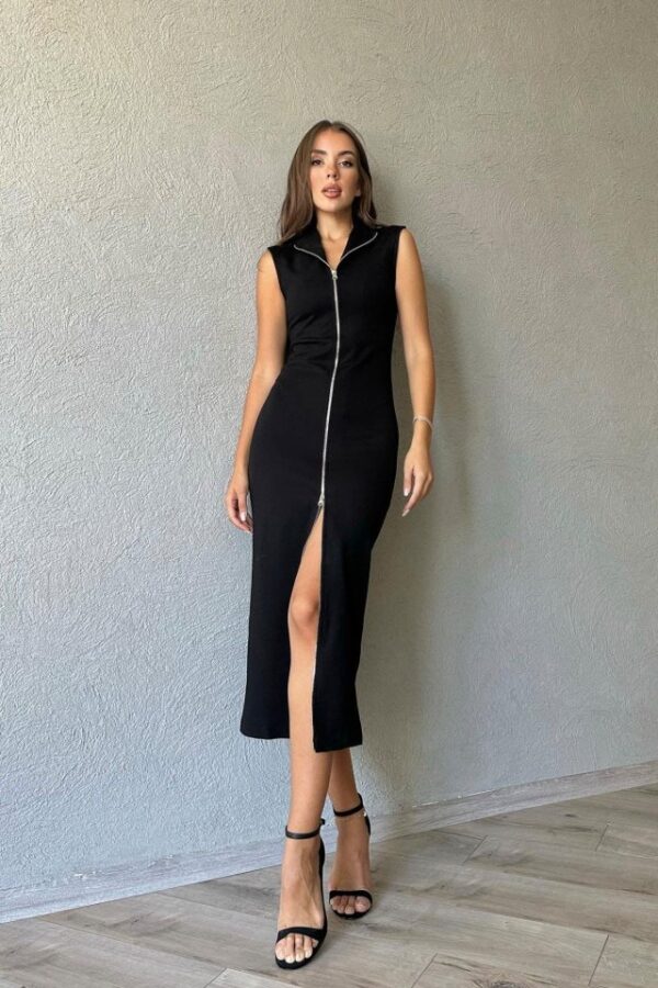 Siyah Boydan Fermuarlı Sıfır Kol Elbise