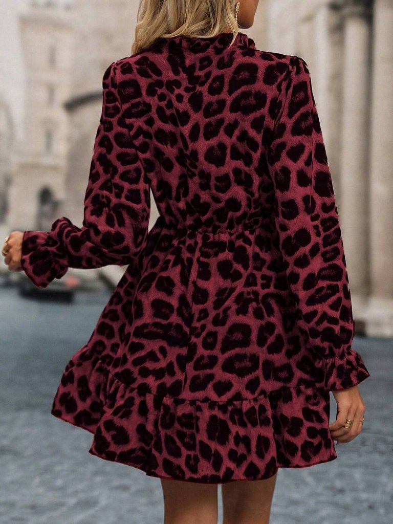 Kadın Uzun Kollu Yakadan Bağcıklı Modal Leopar Desenli Mini Elbise - Görsel 10
