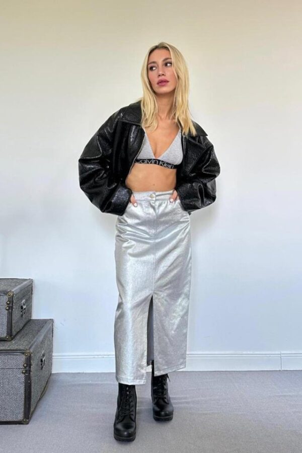 Altın Varaklı Gabardin Yırtmaçlı Etek