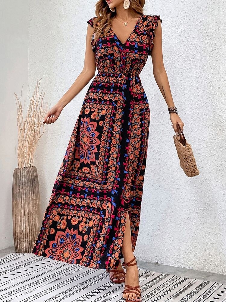 Kadın Kısa Kollu V Yakalı Deseni Yırtmaçlı Süprem Elbise - Görsel 2