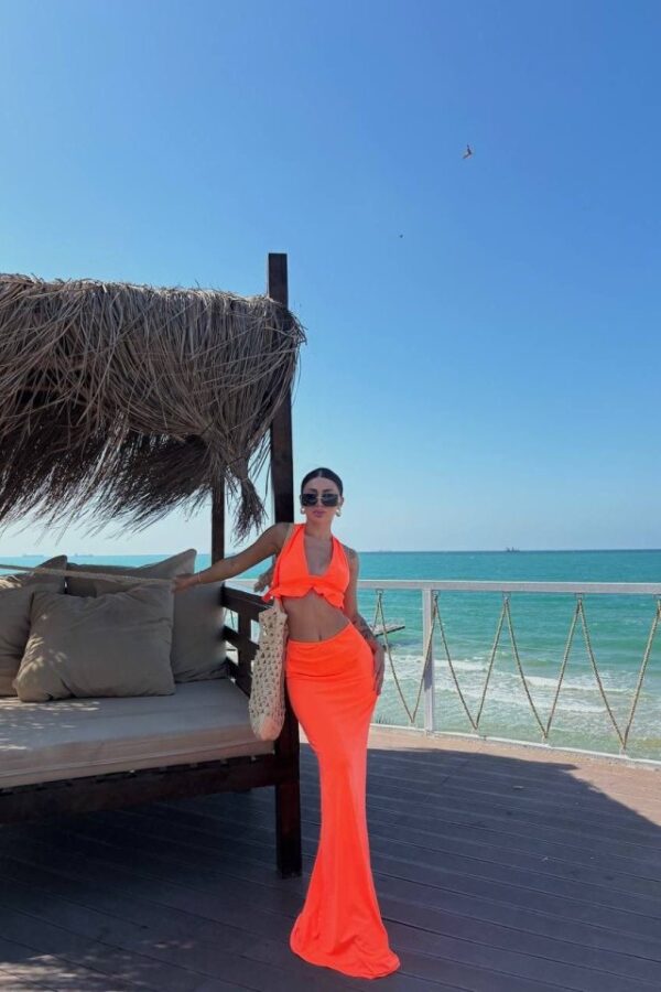 Kadın Mayo Kumaş Bağlamalı Crop Ve Maxi Boy Etek Ikili Takım