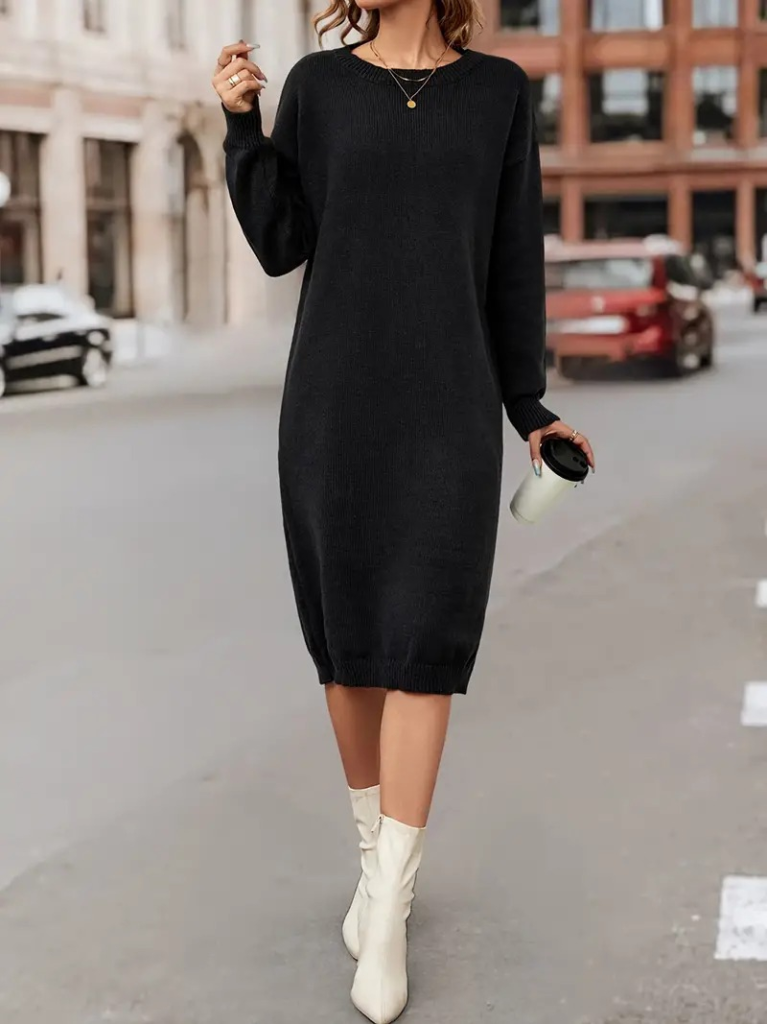 Kadın Uzun Kollu Bisiklet Yaka Yandan Yırtmaçlı Midi Triko Elbise(kemersiz) - Görsel 4