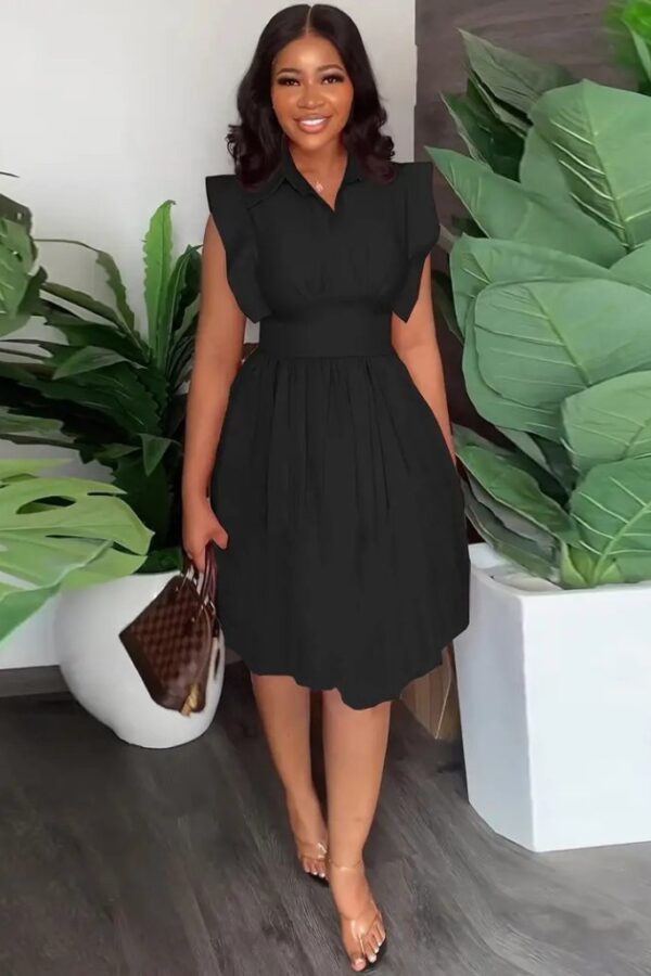 Kadın Yakalı Belden Oturmalı önden Büzgülü Dokuma Mini Elbise