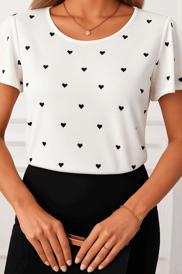 Kadın Kısa Kelebek Kollu Bisiklet Yaka Kalp Desenli Süprem Bluz