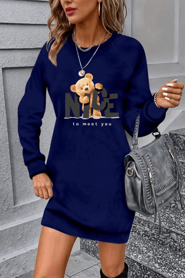 Kadın Uzun Kollu Bisiklet Yaka Ayı Desenli Viskon Iki Iplik Elbise