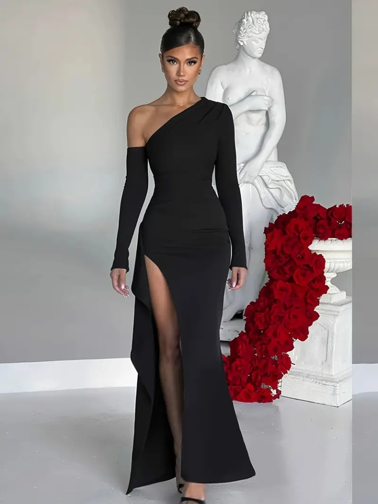 Kadın Tek Omuz Asimetrik Kesim Derin Yırtmaçlı Uzun Ithal Krep Elbise - Görsel 8