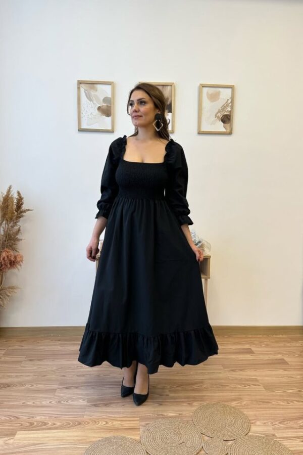 Kadın Uzun Kollu Kare Yakalı Gipeli Uzun Trikoton Elbise