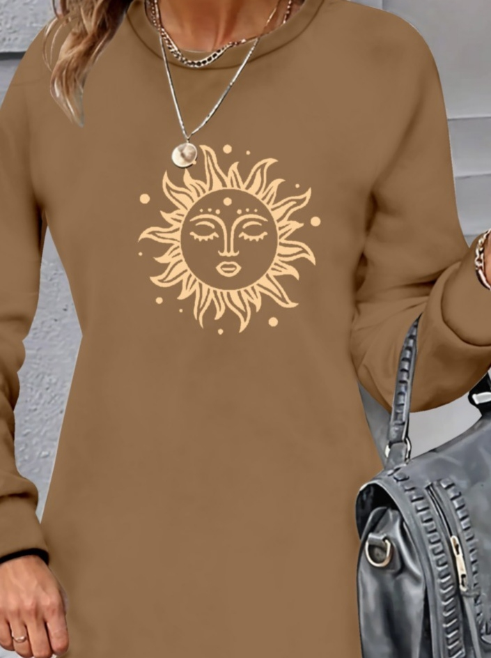 Kadın Uzun Kollu Bisiklet Yaka Güneş Desenli Viskon Iki Iplik Elbise - Görsel 9