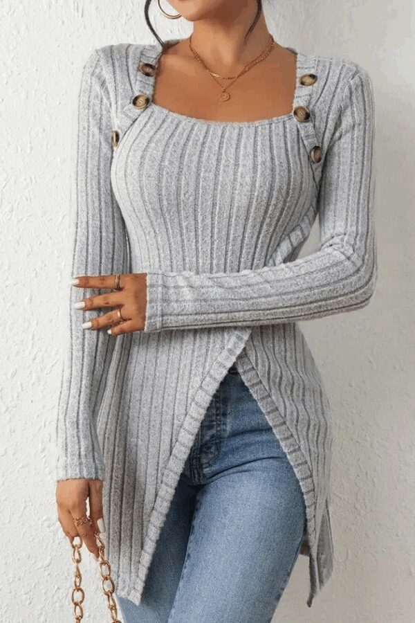 Kadın Uzun Kollu Derin Kare Yaka Düğme Detay şardonlu Kaşkorse Kruvaze Bluz