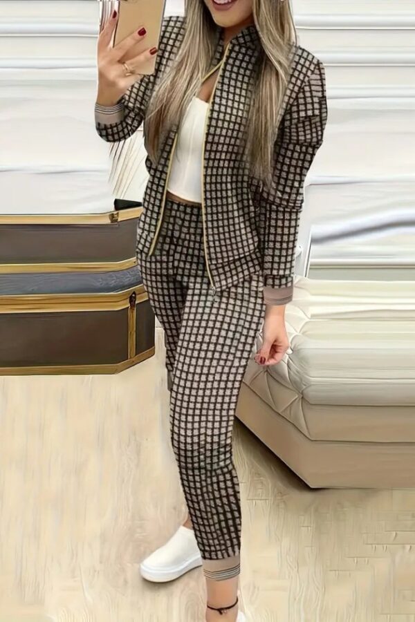 Kadın Uzun Kollu önden Fermuarlı Desenli şardonlu Dalgıç Ceket Ve Pantolon Ikili Takım