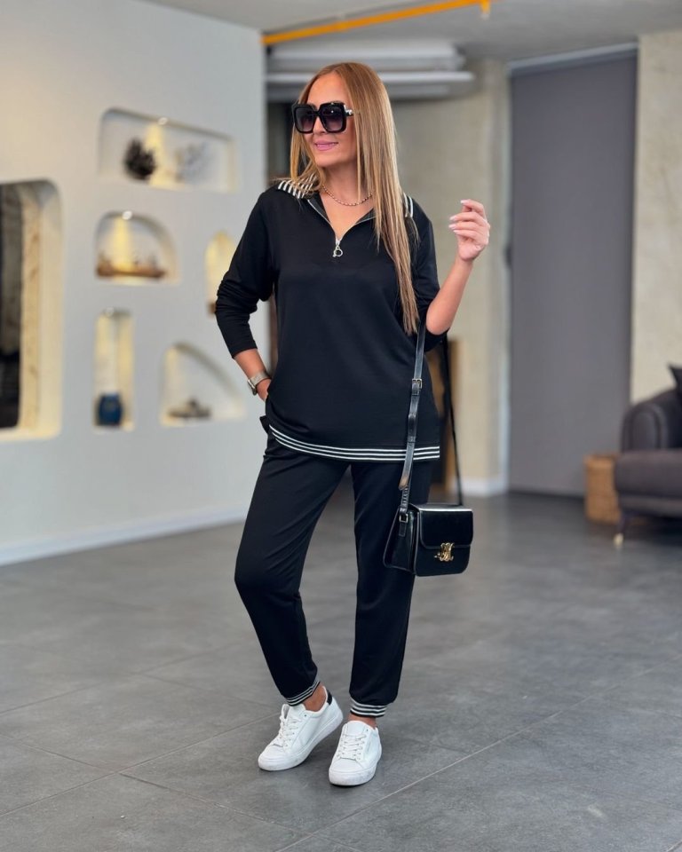 Kadın Uzun Kollu Fermuarlı şerit Detay Desenli Alt üst Ikili Viskon Iki Iplik Takım - Görsel 2