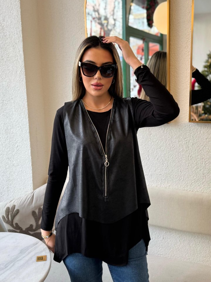 Kadın Uzun Kol Asimetrik Kesim Viskon Bluz Ve çatlak Deri Görünümlü Fermuar Detaylı Yelek Ikili Takım - Görsel 3