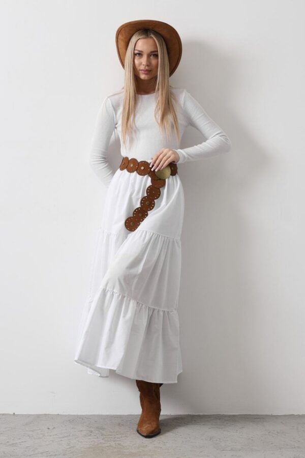 Pamuklu Beli Lastikli Etek - Beyaz