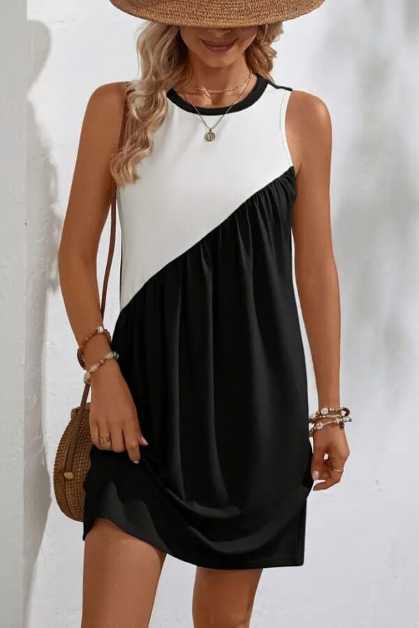 Kadın Viskon Kumaş çift Renkli Sıfır Kol Elbise