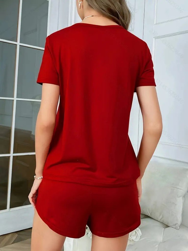 Kadın Kısa Kollu Bisiklet Yaka Baskılı Viskon Bluz Ve şort Ikili Takım - Görsel 6