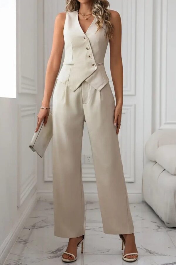 Kadın Sıfır Kollu çapraz V Yakalı önden Düğmeli Atlas Yelek Ve Pantolon Ikili Takım