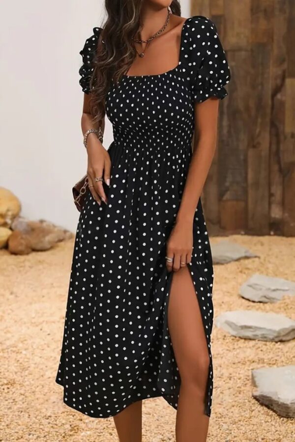 Kadın Kısa Kollu Geometrik Yaka Yırtmaçlı Puantiyeli Midi örme Krep Elbise