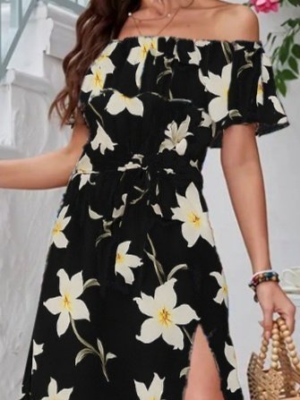 Kadın Kısa Kollu Madonna Yaka Fırfırlı Belden Yırtmaçlı Maksi Süprem Elbise - Görsel 9