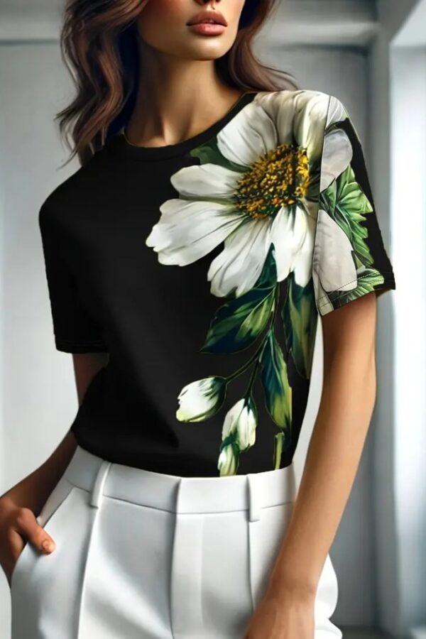 Kadın Kısa Kollu Bisiklet Yaka çiçek Baskılı Süprem Bluz