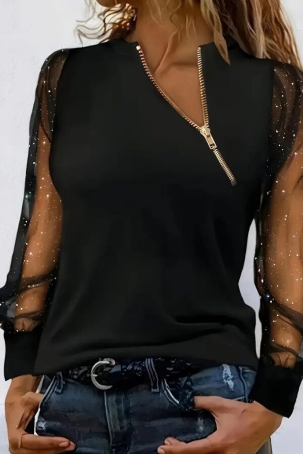 Kadın Uzun Kollu Asimetrik Fermuar Detaylı Viskon Iki Iplik Bluz