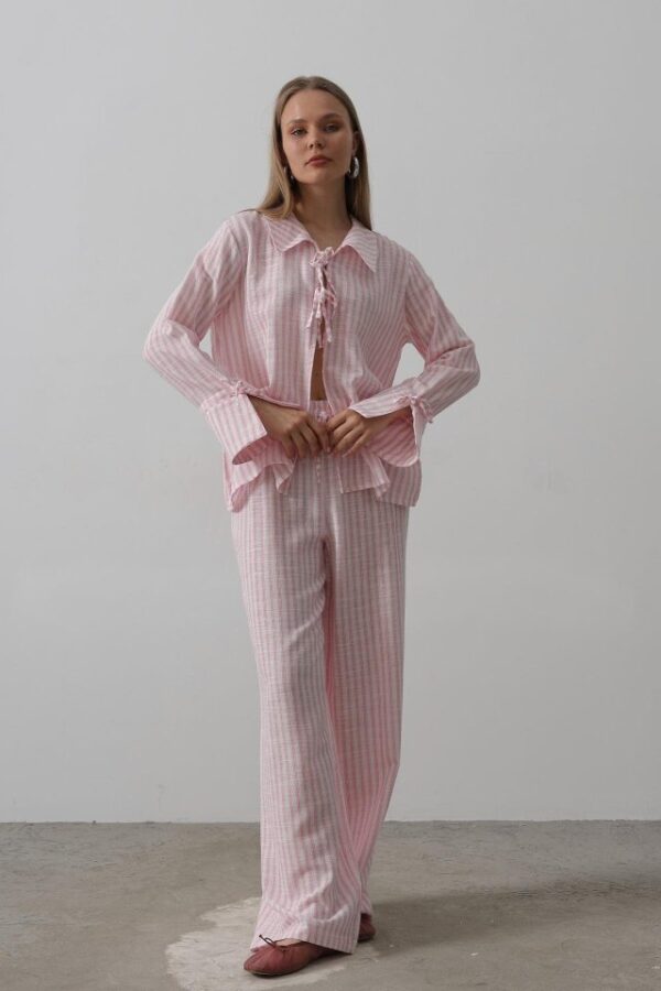 Çzgili Bağlamalı Pantolon Takım - Pembe