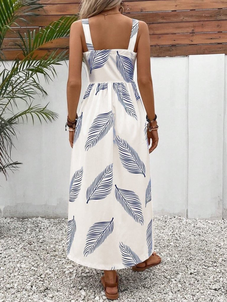 Kadın Askılı önden Düğmeli Yaprak Desenli Uzun Süprem Elbise - Görsel 6