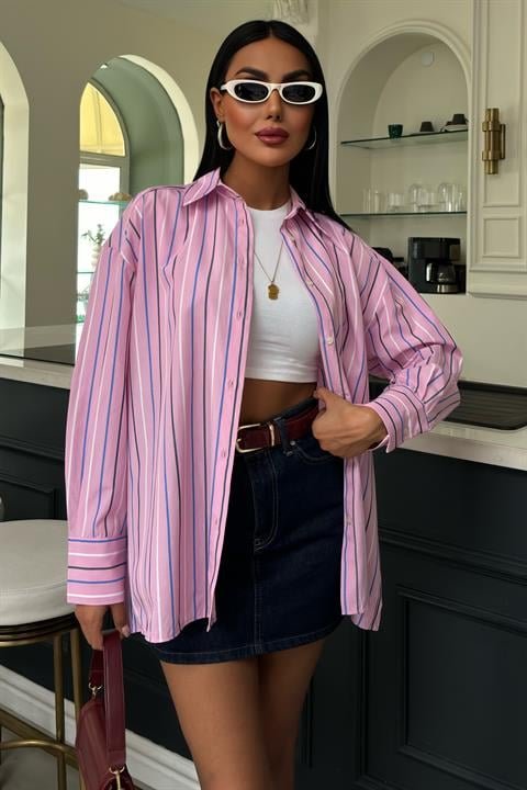 Çizgili Pembe Poplin Gömlek 3451