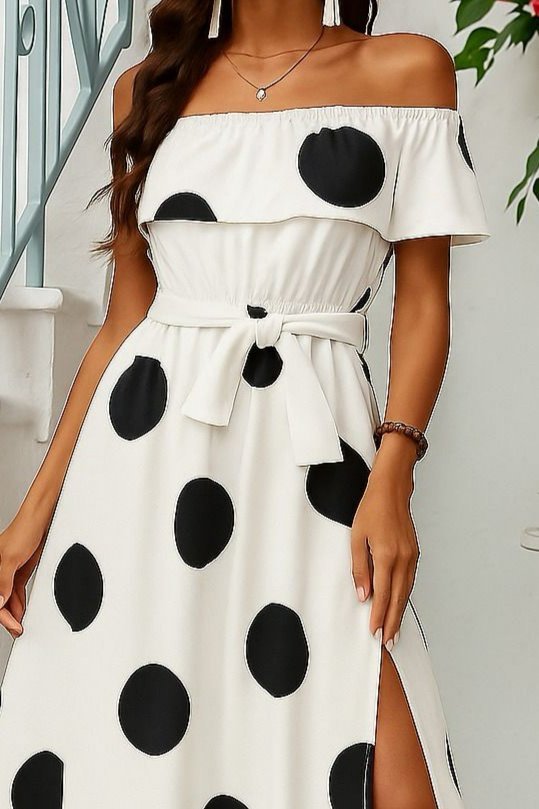 Kadın Kısa Kollu Madonna Yaka Fırfırlı Belden Yırtmaçlı Maksi Süprem Elbise - Görsel 17