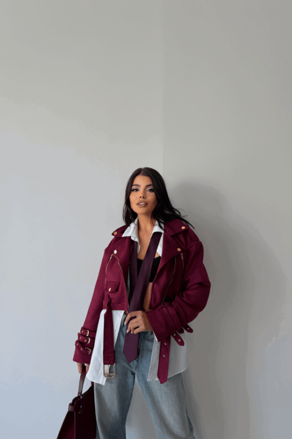 SÜET CROP CEKET KOL 3 KEMER DETAYLI - Bordo