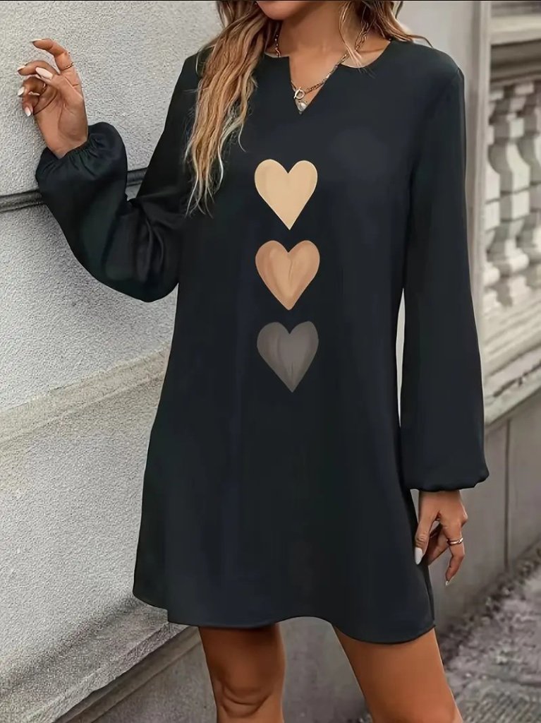 Kadın Uzun Kollu V Yakalı Kalp Desenli Mini Ithal Krep Elbise - Görsel 3