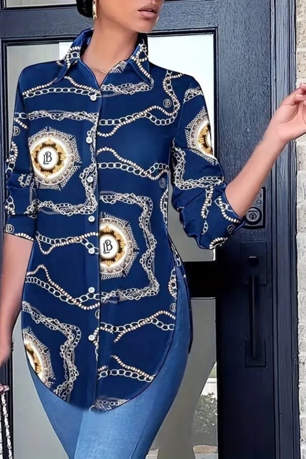 Kadın Uzun Kollu Yanları Yırtmaç Detay Desenli Gömlek