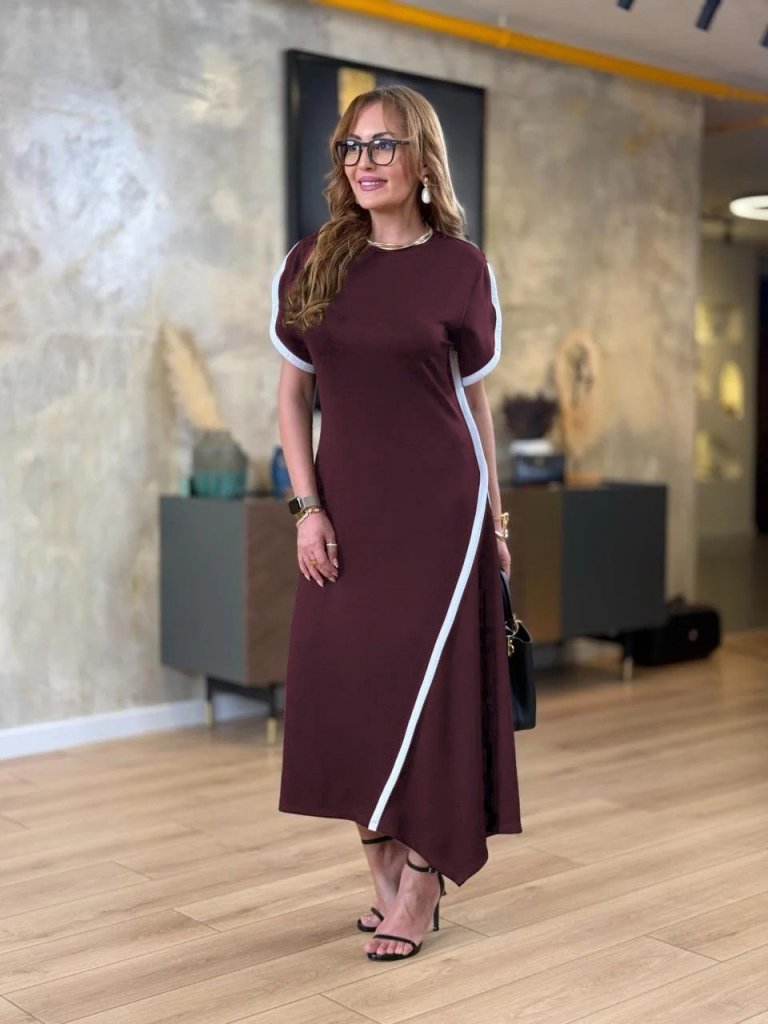 Kadın Kısa Kollu Bisiklet Yaka çift şerit Renk Detaylı Asimetrik Kesim Viskon Iki Iplik Elbise - Görsel 16