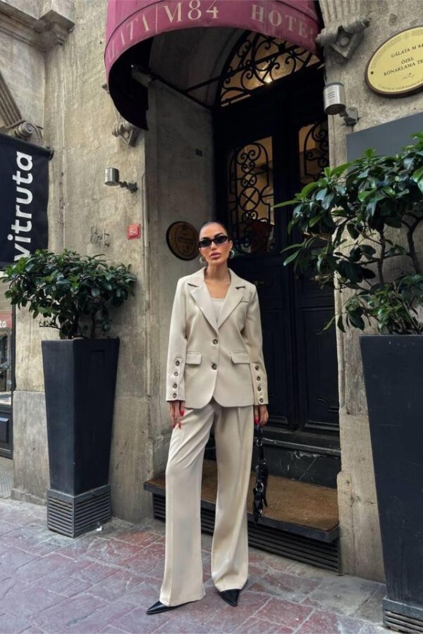 KOL 4 DÜĞME -  BÜSTİYERLİ 3 CEKET PANTOLON TAKIM - Bej