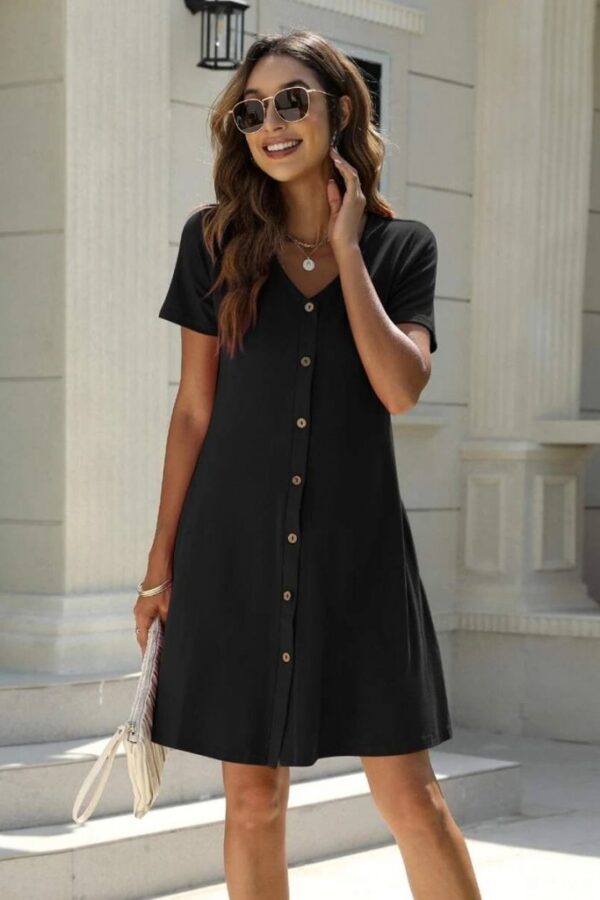 Kadın Kısa Kollu V Yaka önü Düğmeli Viskon Elbise