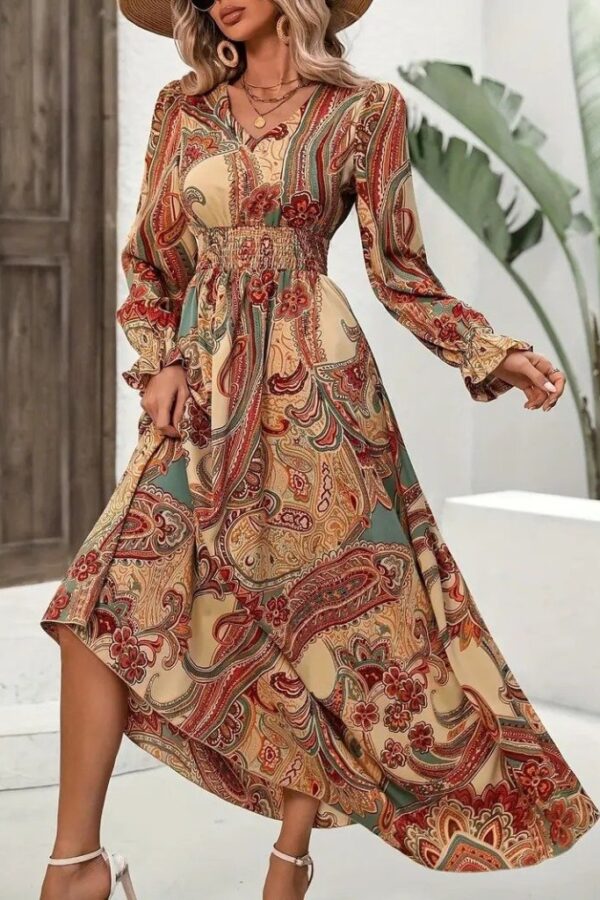 Kadın Uzun Kollu V Yakalı Beli Lastikli Desenli Süprem Elbise