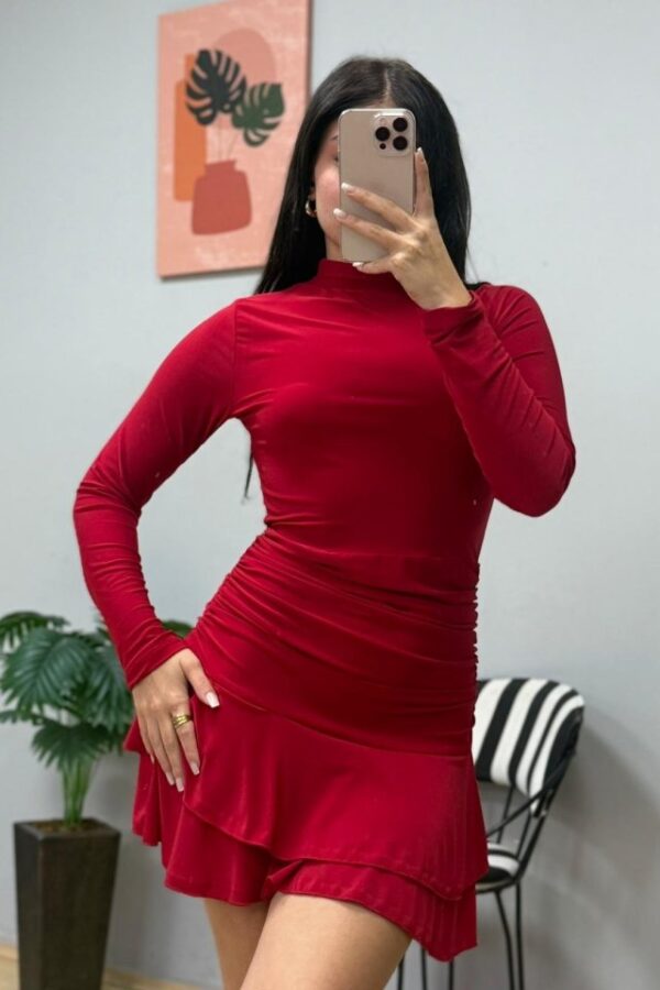 Kadın Uzun Kollu Balıkçı Yaka Mini Fırfırlı Sandy Elbise