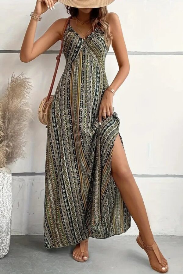 Kadın Ip Askılı Sırttan çapraz Detaylı Yırtmaçlı Desenli Süprem Elbise