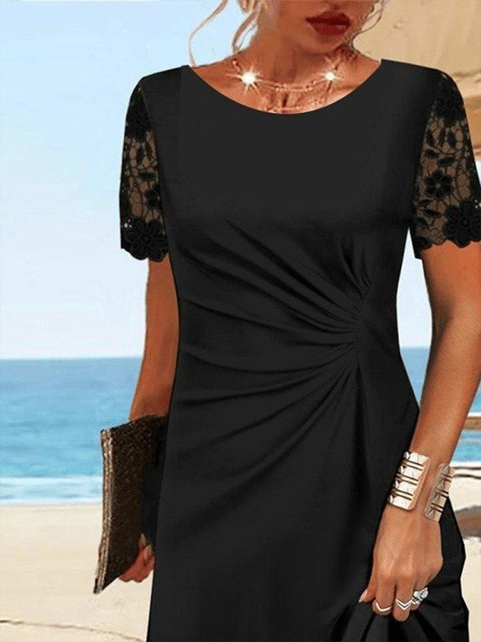 Kadın Kısa Kollu Yuvarlak Yaka Dantel Kol Detay Viskon Elbise - Görsel 3