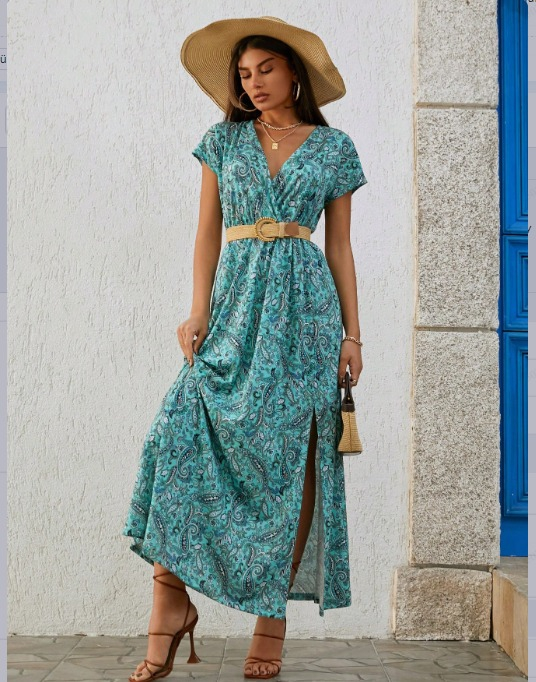 Kadın Kısa Kollu V Yaka Etnik Desenli Yırtmaç Detay Süprem Elbise (kemersiz) - Görsel 6