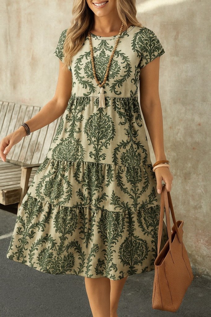 Kadın Kısa Kollu Bisiklet Yaka Desenli Fırfırlı Süprem Elbise - Görsel 13