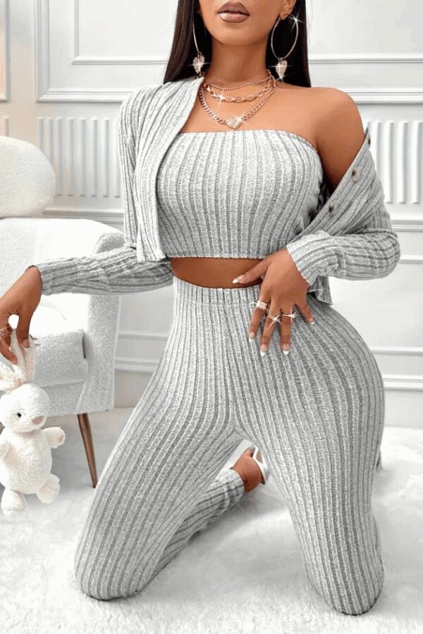 Kadın Uzun Kollu Straplez şardonlu Kaşkorse Bluz önü Düğmeli Ceket Ve Tayt Pantolonlu üçlü Takım