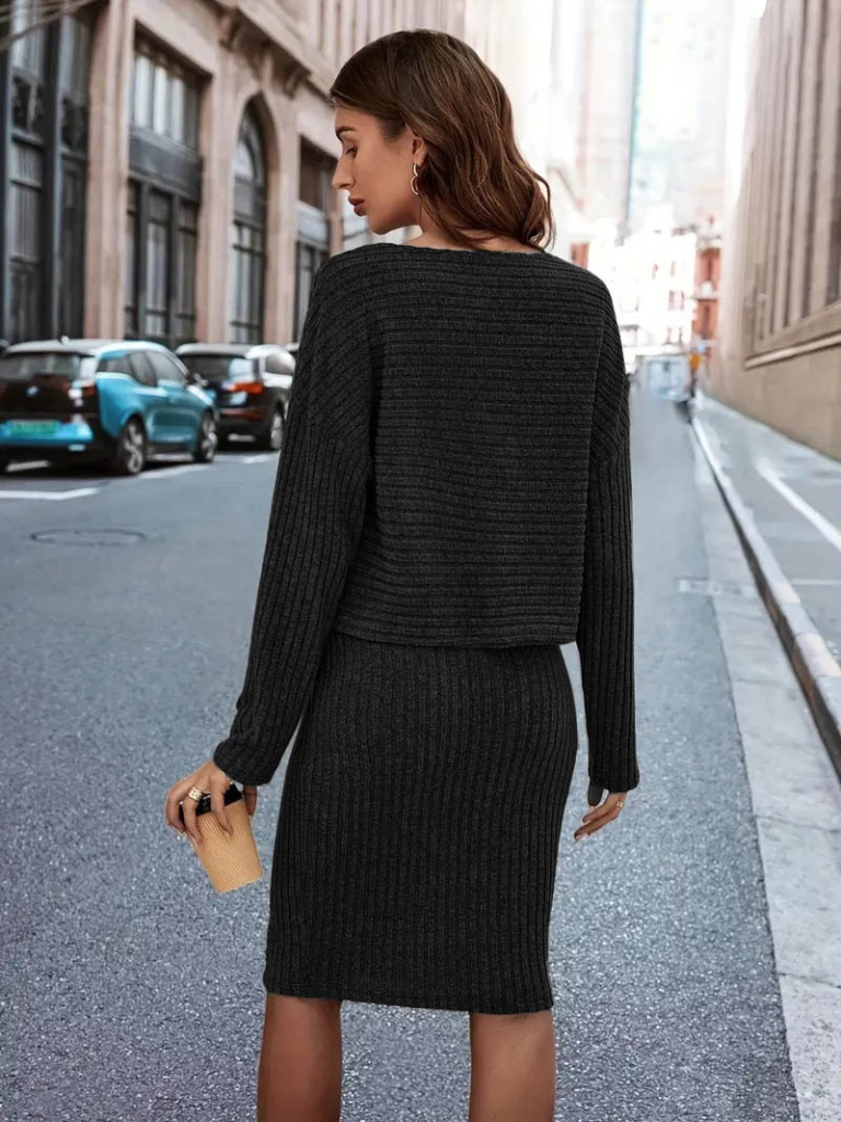 Kadın Uzun Kollu Iki Yanı Açık Yaka Detaylı Bluz Ve Etek şardonlu Kaşkorse Ikili Takım - Görsel 3