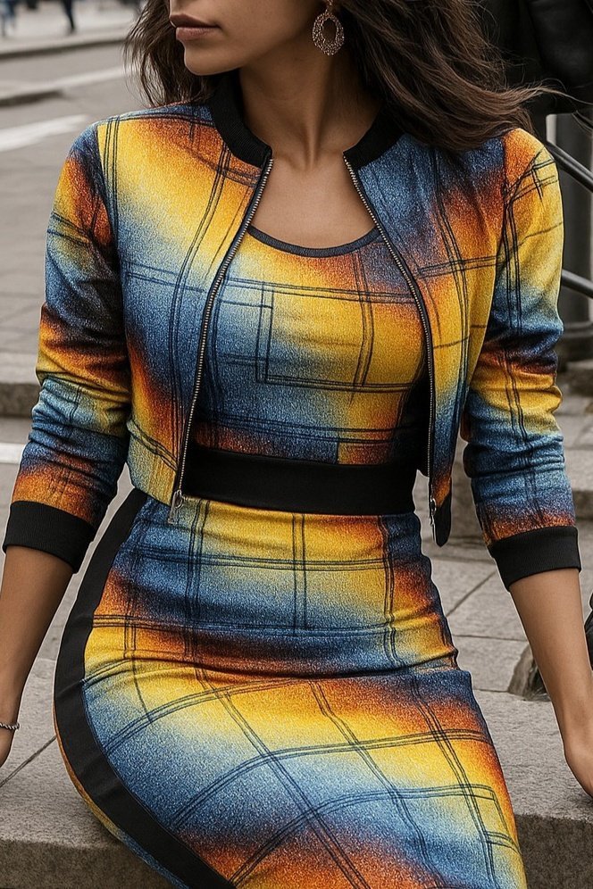 Kadın Uzun Kollu Askılı Yuvarlak Yaka Desenli Dalgıç Bluz Ceket Ve Etek üçlü Takım - Görsel 2