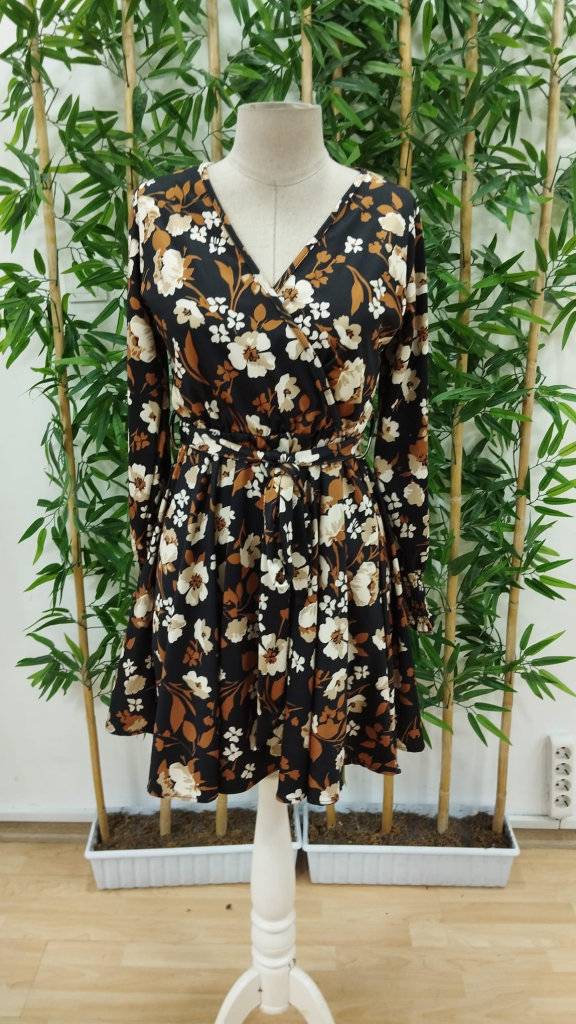 Kadın Uzun Kollu Kruvaze Yaka çiçek Desenli Dalgıç Elbise - Görsel 7